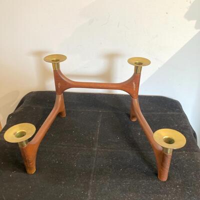 Vintage Mid Century Articulating Candelabra Holder Danish Style Wood Brass Brown
