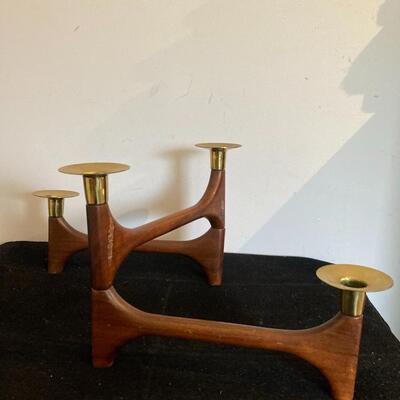 Vintage Mid Century Articulating Candelabra Holder Danish Style Wood Brass Brown