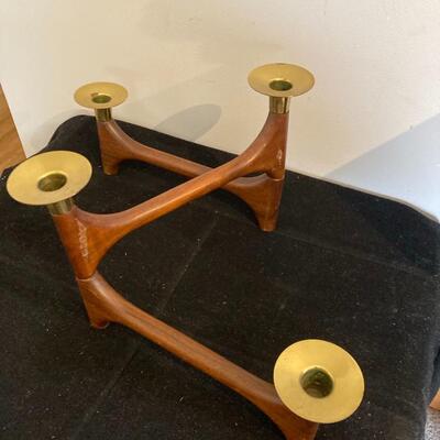 Vintage Mid Century Articulating Candelabra Holder Danish Style Wood Brass Brown