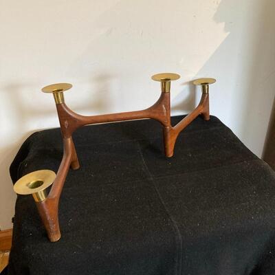 Vintage Mid Century Articulating Candelabra Holder Danish Style Wood Brass Brown