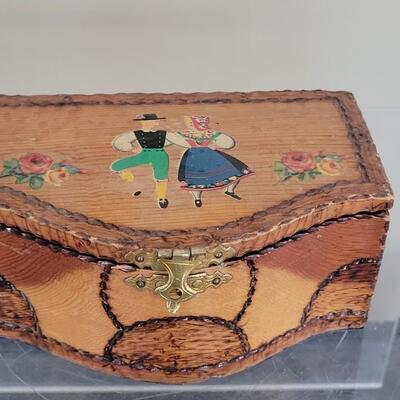Lot 89: Vintage Chased Wood Trinket Box with Dancing Couple and Flowers Transfers