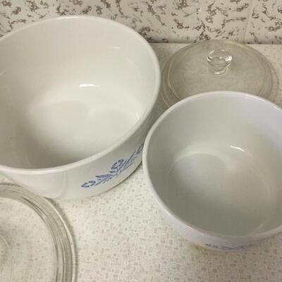 Vintage Corning Cornflower Range topper pots with lids.