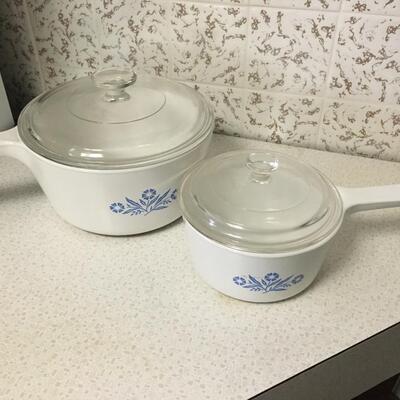 Vintage Corning Cornflower Range topper pots with lids.