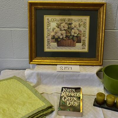 Book 
      Karen Robards "Green Eyes" (Paper Back)
(3) Green Placemats 
Framed floral print
Green plastic mixing bowl
Candles...