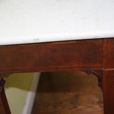 19th CENTURTY WHITE MARBLE TOP HALL TABLE W/ FRUITWOOD INLAYS SUN RAYS