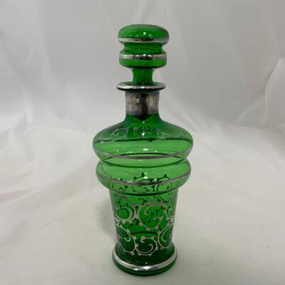 .9. Emerald Green Hand Silvered Decanter | c. 1910