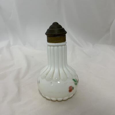 .17. Milk Glass and Brass Hand Painted Syrup | c. 1890