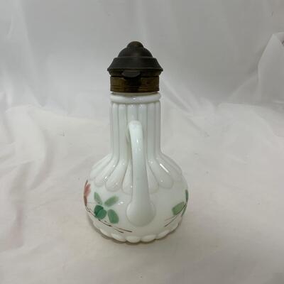 .17. Milk Glass and Brass Hand Painted Syrup | c. 1890