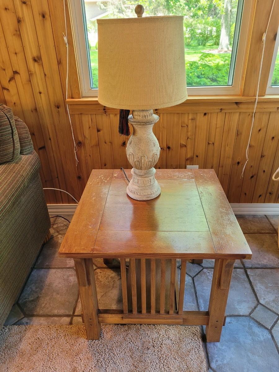 Mission Style End Table (needs some love) and lamp