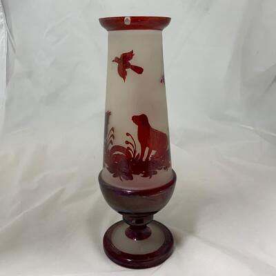 .28. Rare Find | Dog and Rooster Bohemian Glass Vase | c. 1870