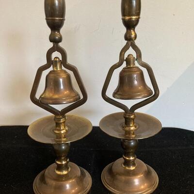 Pair of Antique Brass Pub Brass Tavern Candlesticks with Service Bells 13â€h