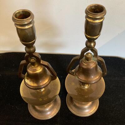 Pair of Antique Brass Pub Brass Tavern Candlesticks with Service Bells 13â€h