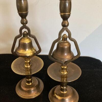 Pair of Antique Brass Pub Brass Tavern Candlesticks with Service Bells 13â€h