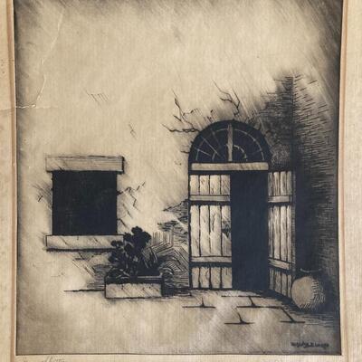 H. Alvin Sharp Green Shutters, French Quarter etching on paper 11â€ x 12â€