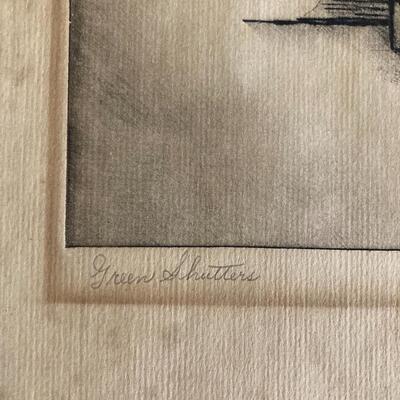 H. Alvin Sharp Green Shutters, French Quarter etching on paper 11â€ x 12â€