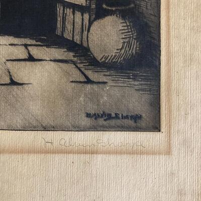 H. Alvin Sharp Green Shutters, French Quarter etching on paper 11â€ x 12â€