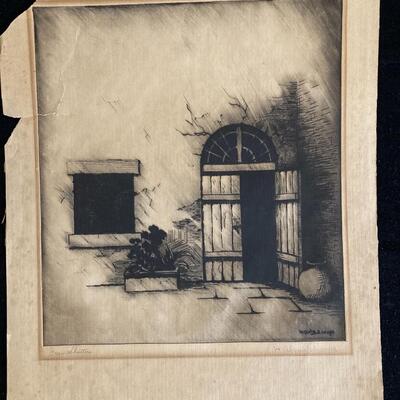 H. Alvin Sharp Green Shutters, French Quarter etching on paper 11â€ x 12â€