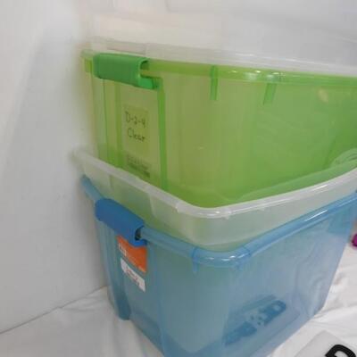 5 Transparent Plastic Storage Bins with NO LIDS: 3 clear, 1 green, 1 blue