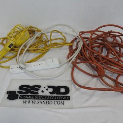 3 pc Garage/Tools: Orange Extension Cord, Yellow Shop Light, & Surge Protector