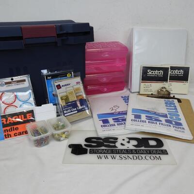 Office Lot: Igloo File tote, Binders, Labels, Writing Paper, Clipboard