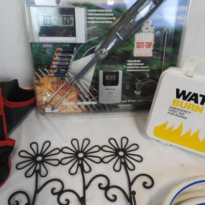 6 pc Verious Home & Garden: Tool Organizer, Burn Care, Meat Thermometer, Hose