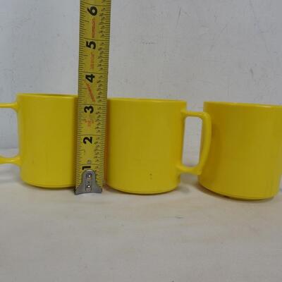17pc Yellow Plastic Dishes 2 serving bowls, 4 bowls, 3 cups, 8 Saucers - Vintage
