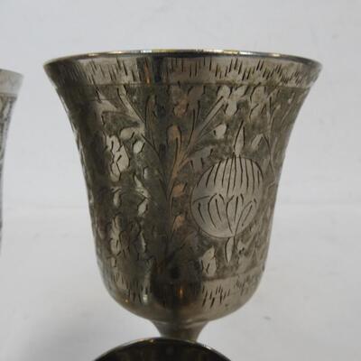 World Gift Etched Chalice Goblet 2-Large, 3-Small, Good Condition, Some Wear