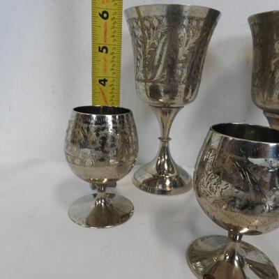 World Gift Etched Chalice Goblet 2-Large, 3-Small, Good Condition, Some Wear