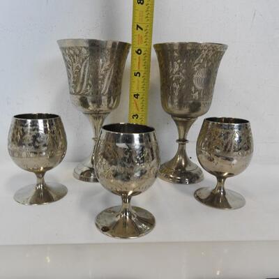World Gift Etched Chalice Goblet 2-Large, 3-Small, Good Condition, Some Wear