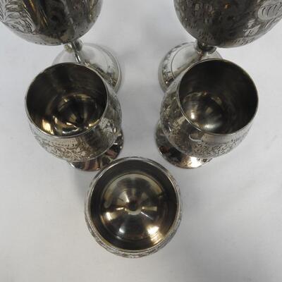 World Gift Etched Chalice Goblet 2-Large, 3-Small, Good Condition, Some Wear