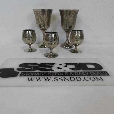 World Gift Etched Chalice Goblet 2-Large, 3-Small, Good Condition, Some Wear