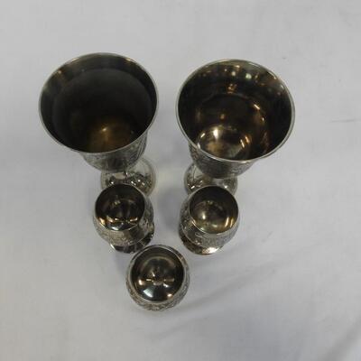 World Gift Etched Chalice Goblet 2-Large, 3-Small, Good Condition, Some Wear