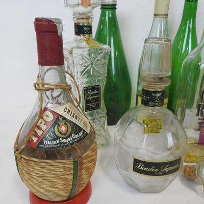 12 Liquor Bottles: 11 W/topper-1 Without, Various Shapes/Colors, 1 Extra Topper