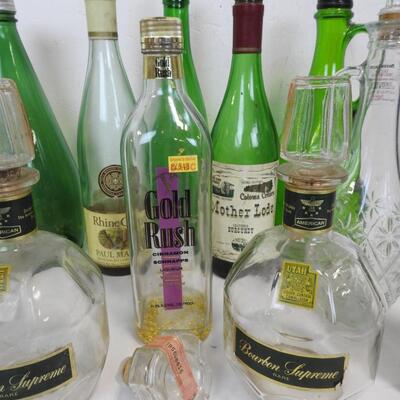 12 Liquor Bottles: 11 W/topper-1 Without, Various Shapes/Colors, 1 Extra Topper
