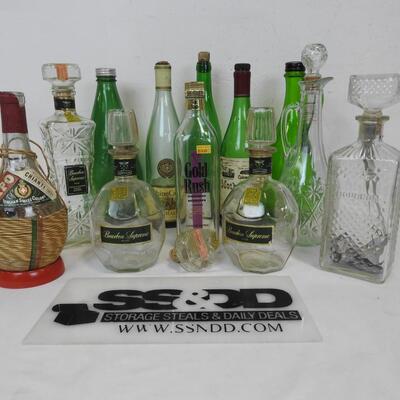 12 Liquor Bottles: 11 W/topper-1 Without, Various Shapes/Colors, 1 Extra Topper