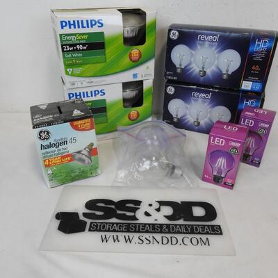 Lightbulbs: Philips Energy Saver, GE Reveal,GE Halogen, Feit Pink & Violet Bulbs