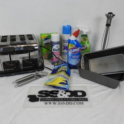 Household Lot: 4 Slice Toaster, Loaf Pans, Cleaning Products, Paper Towel Holder