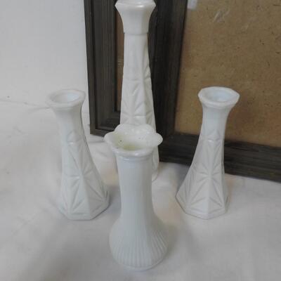 Home Dewcor: GLass Bottles W/Hanging Wire, Wicker, Frames, Milk Glass Bud Vases