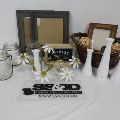 Home Dewcor: GLass Bottles W/Hanging Wire, Wicker, Frames, Milk Glass Bud Vases