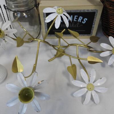 Home Dewcor: GLass Bottles W/Hanging Wire, Wicker, Frames, Milk Glass Bud Vases