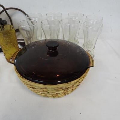Kitchen Lot: Vintage Toaster-Works, 8 Glasses, Casserole Dish w/lid, Food Mill