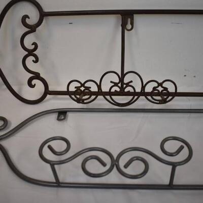 3 Metal plate wall racks: 2 vertical, 1 horizontal, 40", 41 1/2", 55"