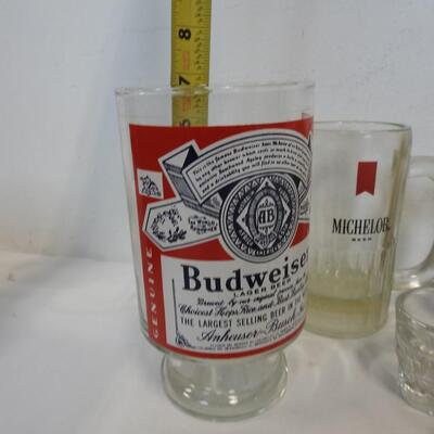 5 Shot Glasses, 3 Beer Mugs & 2 Glasses: Budweiser, Coors, Michelob