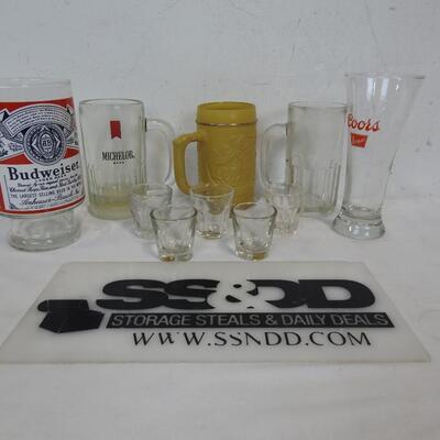 5 Shot Glasses, 3 Beer Mugs & 2 Glasses: Budweiser, Coors, Michelob