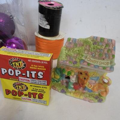 Holiday/Crafts Lot: Purple Christmas Balls, Ceramic Easter House, USA Flag