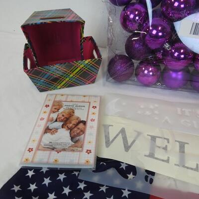 Holiday/Crafts Lot: Purple Christmas Balls, Ceramic Easter House, USA Flag