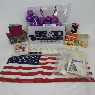 Holiday/Crafts Lot: Purple Christmas Balls, Ceramic Easter House, USA Flag