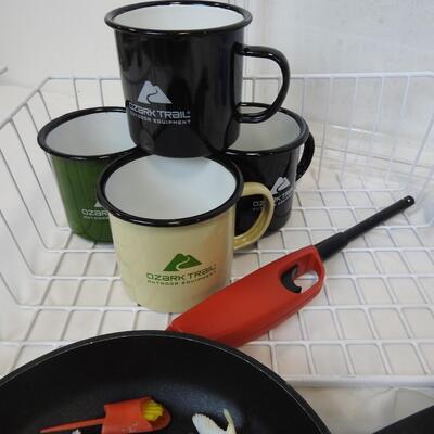 Kitchen Lot: Large Tray, Shelf Rack, Glasses, Metal Mugs, Vintage-Cake Toppers