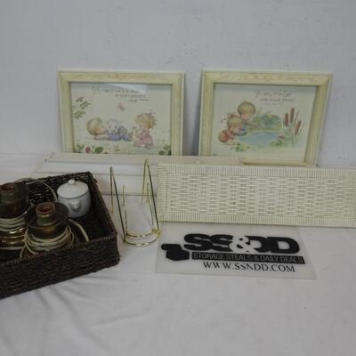Home Decor: 2 Framed Prints w/Shelf-Vintage, Wood Floating Shelf, 2 Lamps-Works