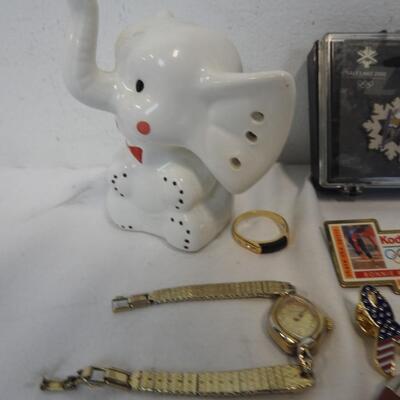Porcelain Elephant Ring/Earring Display,Coca Cola Watch,Olympic Pins,Watch